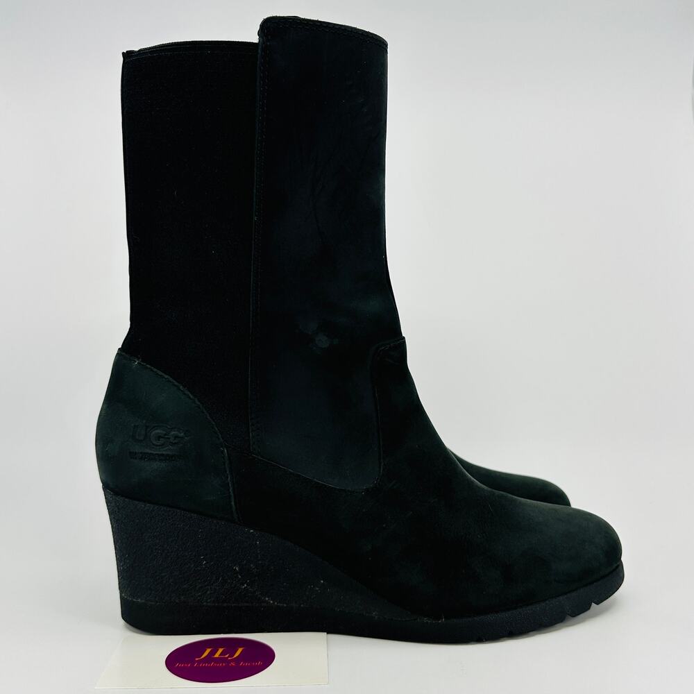 UGG Women's Coraline Black Leather Waterproof Wedge Boots 1095133 Size 7.5